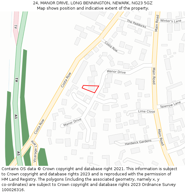 24, MANOR DRIVE, LONG BENNINGTON, NEWARK, NG23 5GZ: Location map and indicative extent of plot