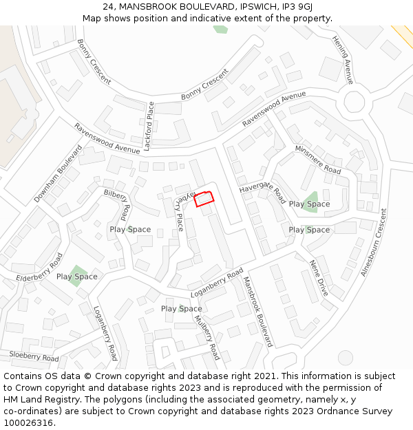 24, MANSBROOK BOULEVARD, IPSWICH, IP3 9GJ: Location map and indicative extent of plot
