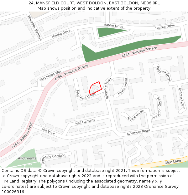 24, MANSFIELD COURT, WEST BOLDON, EAST BOLDON, NE36 0PL: Location map and indicative extent of plot