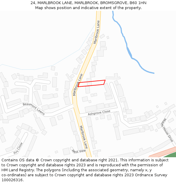 24, MARLBROOK LANE, MARLBROOK, BROMSGROVE, B60 1HN: Location map and indicative extent of plot