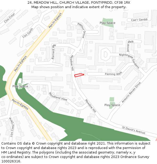 24, MEADOW HILL, CHURCH VILLAGE, PONTYPRIDD, CF38 1RX: Location map and indicative extent of plot