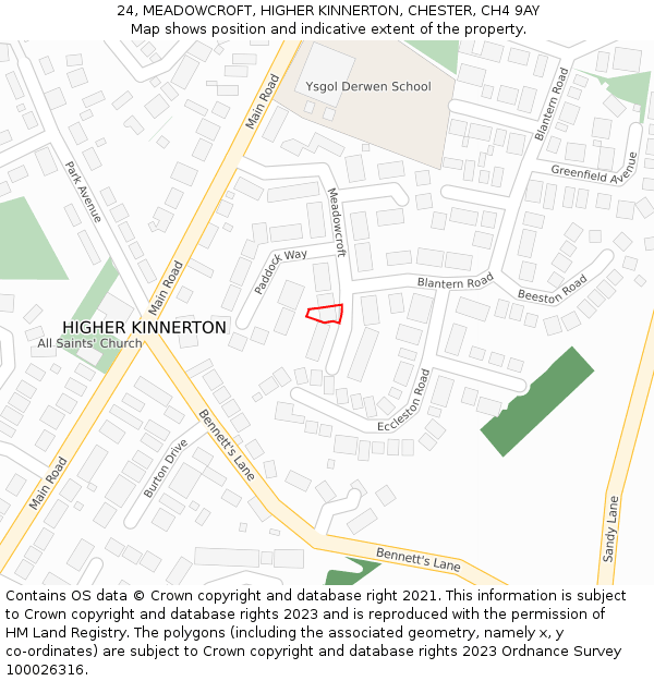 24, MEADOWCROFT, HIGHER KINNERTON, CHESTER, CH4 9AY: Location map and indicative extent of plot