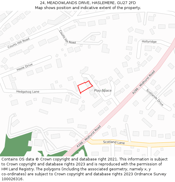 24, MEADOWLANDS DRIVE, HASLEMERE, GU27 2FD: Location map and indicative extent of plot