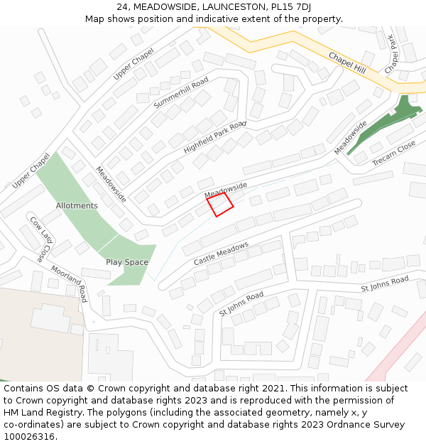 24, MEADOWSIDE, LAUNCESTON, PL15 7DJ: Location map and indicative extent of plot