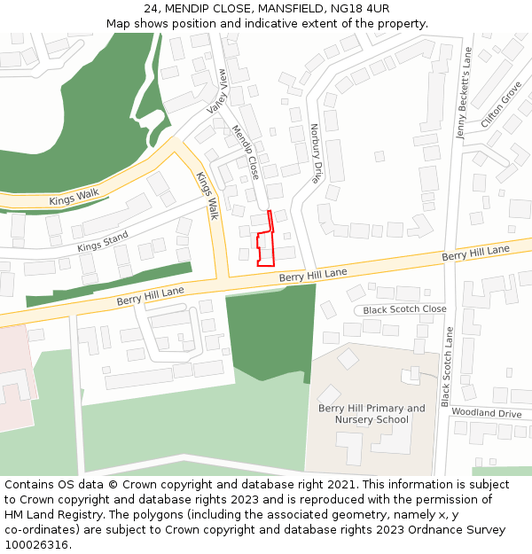 24, MENDIP CLOSE, MANSFIELD, NG18 4UR: Location map and indicative extent of plot