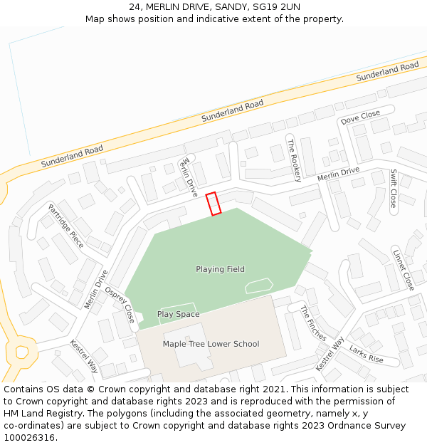 24, MERLIN DRIVE, SANDY, SG19 2UN: Location map and indicative extent of plot