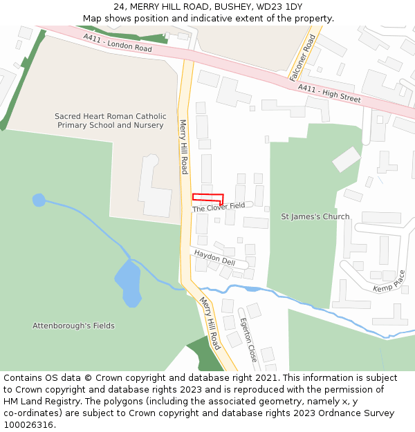 24, MERRY HILL ROAD, BUSHEY, WD23 1DY: Location map and indicative extent of plot