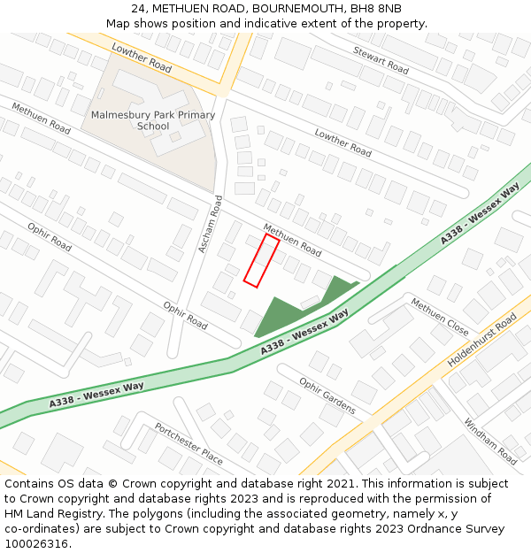 24, METHUEN ROAD, BOURNEMOUTH, BH8 8NB: Location map and indicative extent of plot