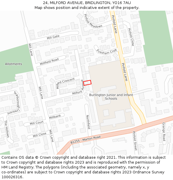 24, MILFORD AVENUE, BRIDLINGTON, YO16 7AU: Location map and indicative extent of plot