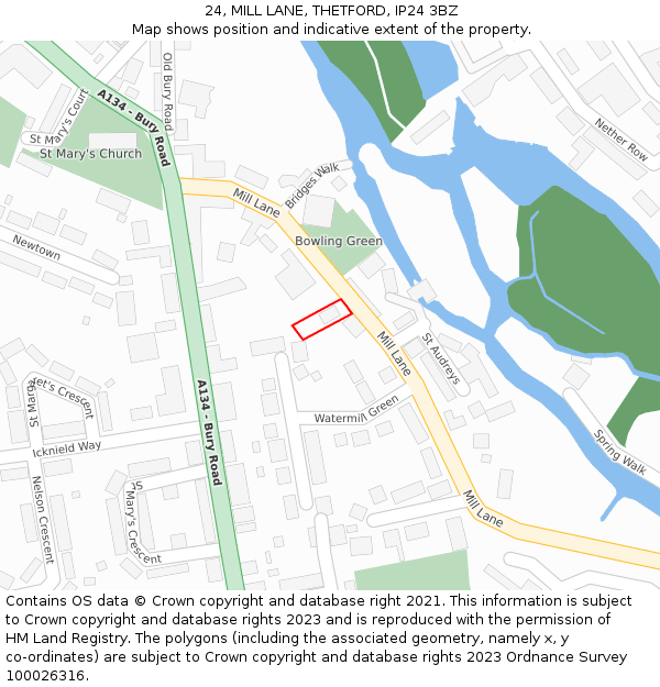 24, MILL LANE, THETFORD, IP24 3BZ: Location map and indicative extent of plot