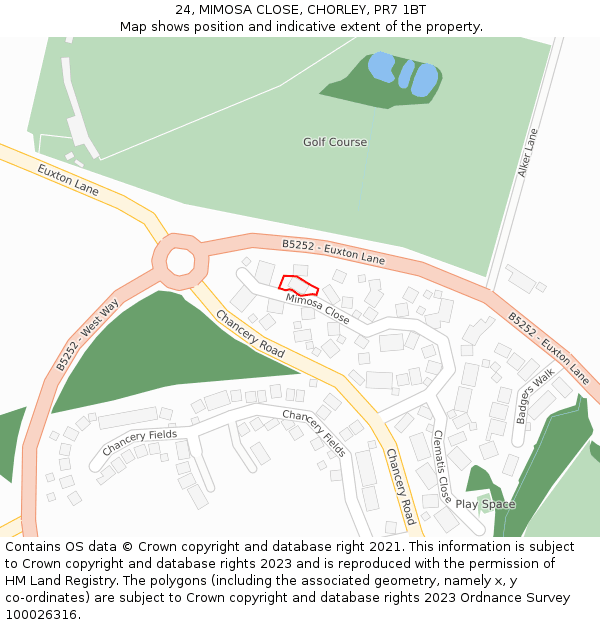 24, MIMOSA CLOSE, CHORLEY, PR7 1BT: Location map and indicative extent of plot