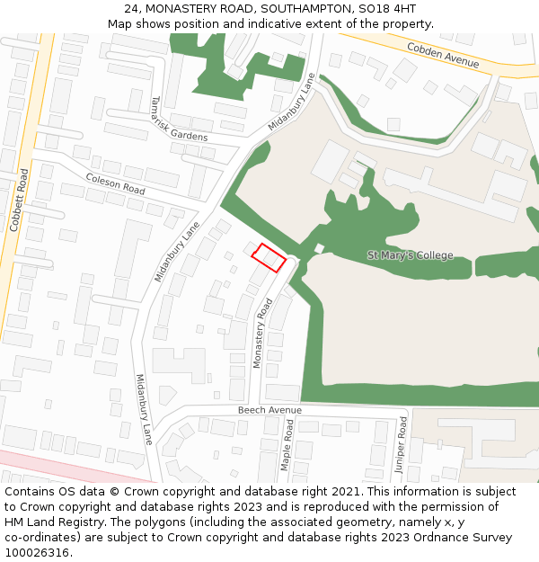 24, MONASTERY ROAD, SOUTHAMPTON, SO18 4HT: Location map and indicative extent of plot