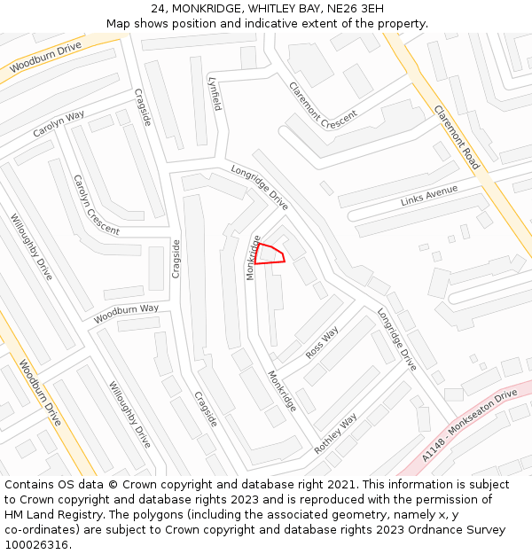 24, MONKRIDGE, WHITLEY BAY, NE26 3EH: Location map and indicative extent of plot