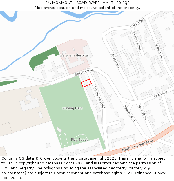 24, MONMOUTH ROAD, WAREHAM, BH20 4QF: Location map and indicative extent of plot