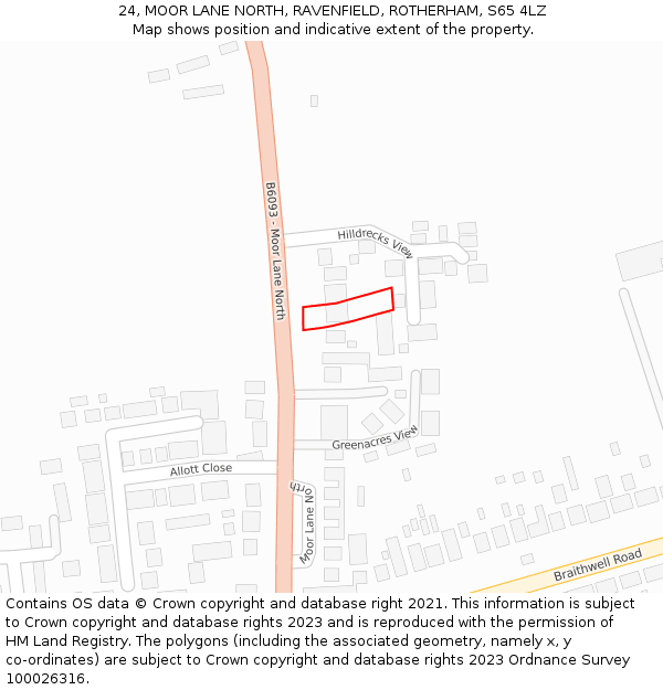 24, MOOR LANE NORTH, RAVENFIELD, ROTHERHAM, S65 4LZ: Location map and indicative extent of plot