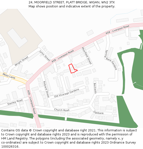 24, MOORFIELD STREET, PLATT BRIDGE, WIGAN, WN2 3TX: Location map and indicative extent of plot