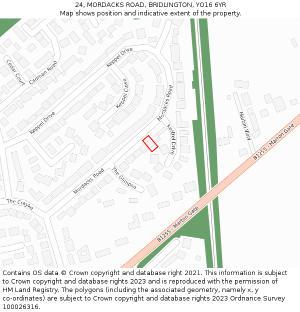 24, MORDACKS ROAD, BRIDLINGTON, YO16 6YR: Location map and indicative extent of plot