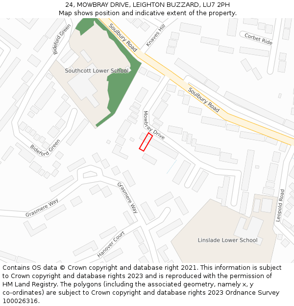 24, MOWBRAY DRIVE, LEIGHTON BUZZARD, LU7 2PH: Location map and indicative extent of plot