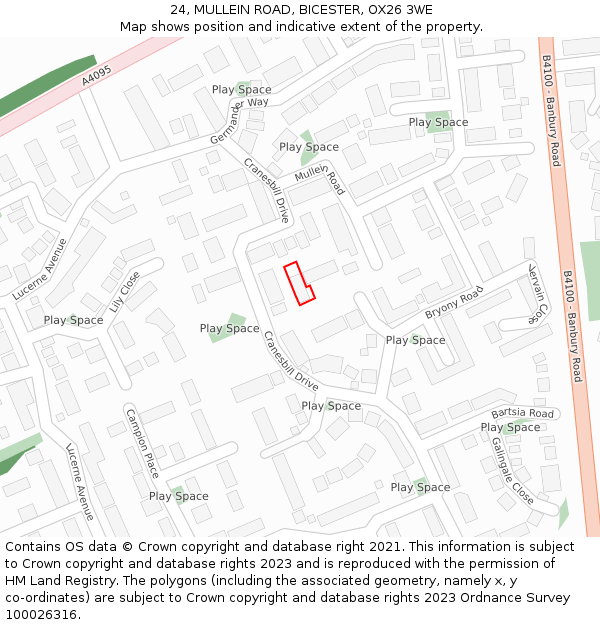 24, MULLEIN ROAD, BICESTER, OX26 3WE: Location map and indicative extent of plot