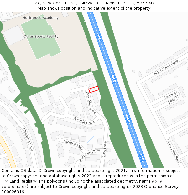 24, NEW OAK CLOSE, FAILSWORTH, MANCHESTER, M35 9XD: Location map and indicative extent of plot