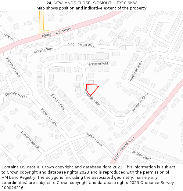 24, NEWLANDS CLOSE, SIDMOUTH, EX10 9NW: Location map and indicative extent of plot