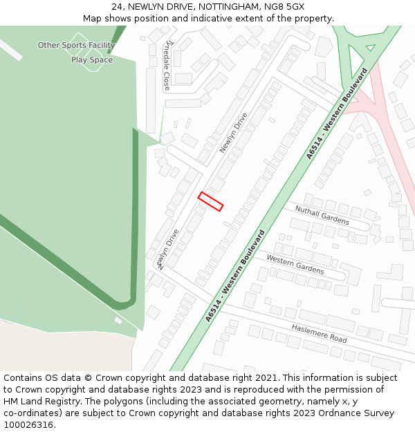 24, NEWLYN DRIVE, NOTTINGHAM, NG8 5GX: Location map and indicative extent of plot