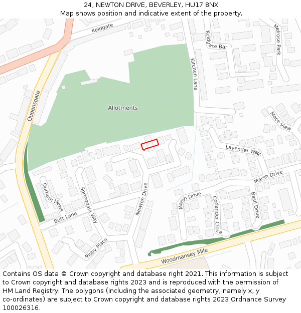 24, NEWTON DRIVE, BEVERLEY, HU17 8NX: Location map and indicative extent of plot