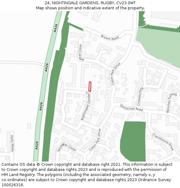 24, NIGHTINGALE GARDENS, RUGBY, CV23 0WT: Location map and indicative extent of plot