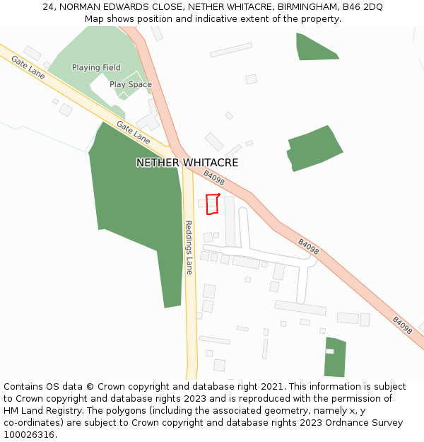 24, NORMAN EDWARDS CLOSE, NETHER WHITACRE, BIRMINGHAM, B46 2DQ: Location map and indicative extent of plot