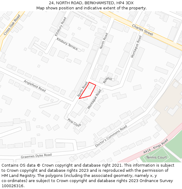 24, NORTH ROAD, BERKHAMSTED, HP4 3DX: Location map and indicative extent of plot