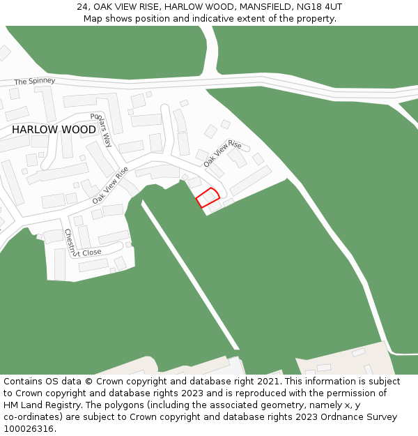 24, OAK VIEW RISE, HARLOW WOOD, MANSFIELD, NG18 4UT: Location map and indicative extent of plot