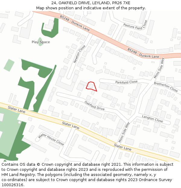 24, OAKFIELD DRIVE, LEYLAND, PR26 7XE: Location map and indicative extent of plot