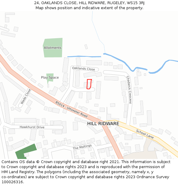 24, OAKLANDS CLOSE, HILL RIDWARE, RUGELEY, WS15 3RJ: Location map and indicative extent of plot