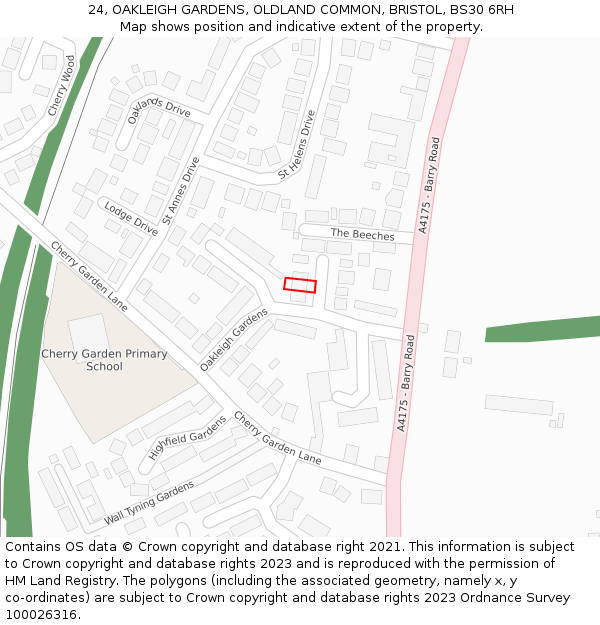 24, OAKLEIGH GARDENS, OLDLAND COMMON, BRISTOL, BS30 6RH: Location map and indicative extent of plot