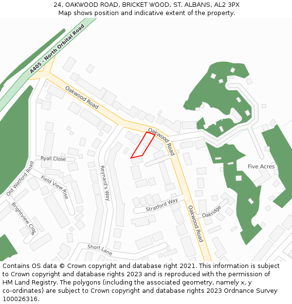 24, OAKWOOD ROAD, BRICKET WOOD, ST. ALBANS, AL2 3PX: Location map and indicative extent of plot
