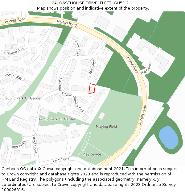 24, OASTHOUSE DRIVE, FLEET, GU51 2UL: Location map and indicative extent of plot