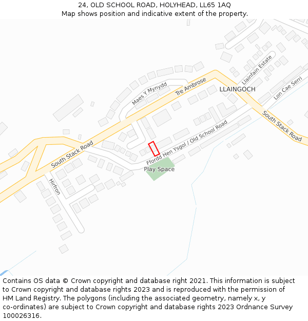 24, OLD SCHOOL ROAD, HOLYHEAD, LL65 1AQ: Location map and indicative extent of plot