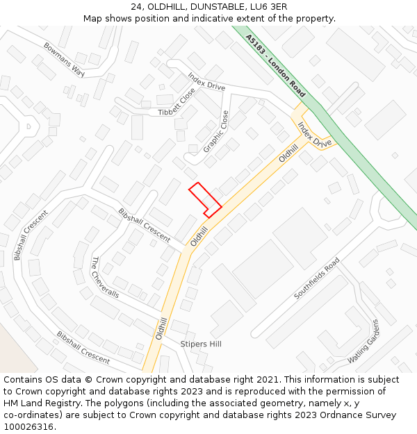 24, OLDHILL, DUNSTABLE, LU6 3ER: Location map and indicative extent of plot