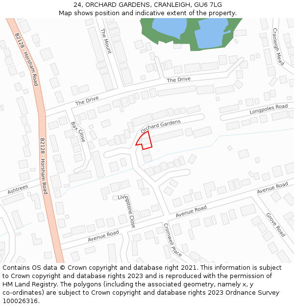 24, ORCHARD GARDENS, CRANLEIGH, GU6 7LG: Location map and indicative extent of plot