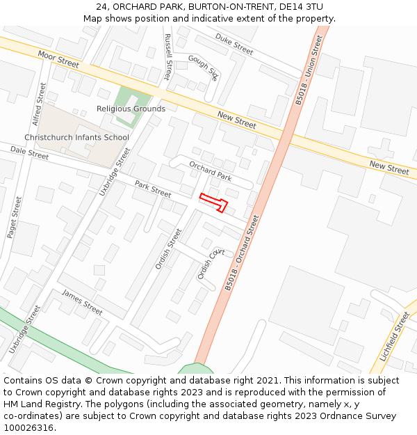 24, ORCHARD PARK, BURTON-ON-TRENT, DE14 3TU: Location map and indicative extent of plot