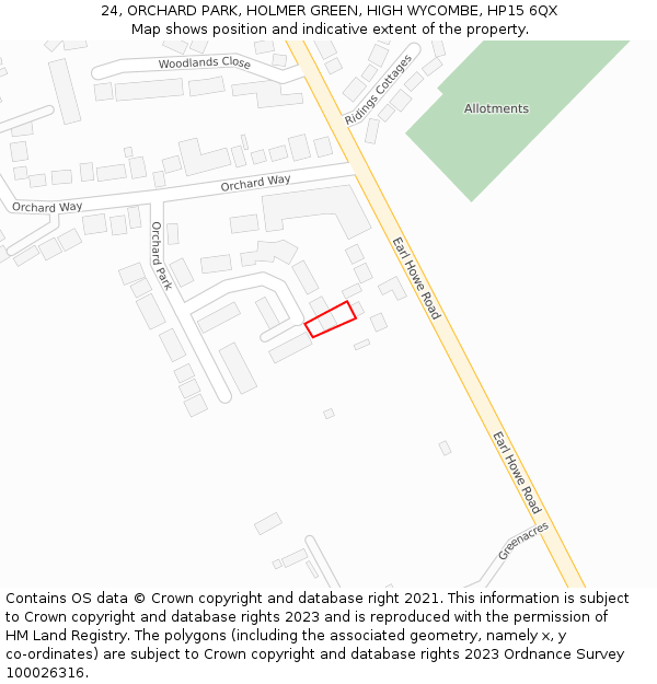 24, ORCHARD PARK, HOLMER GREEN, HIGH WYCOMBE, HP15 6QX: Location map and indicative extent of plot