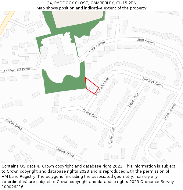 24, PADDOCK CLOSE, CAMBERLEY, GU15 2BN: Location map and indicative extent of plot