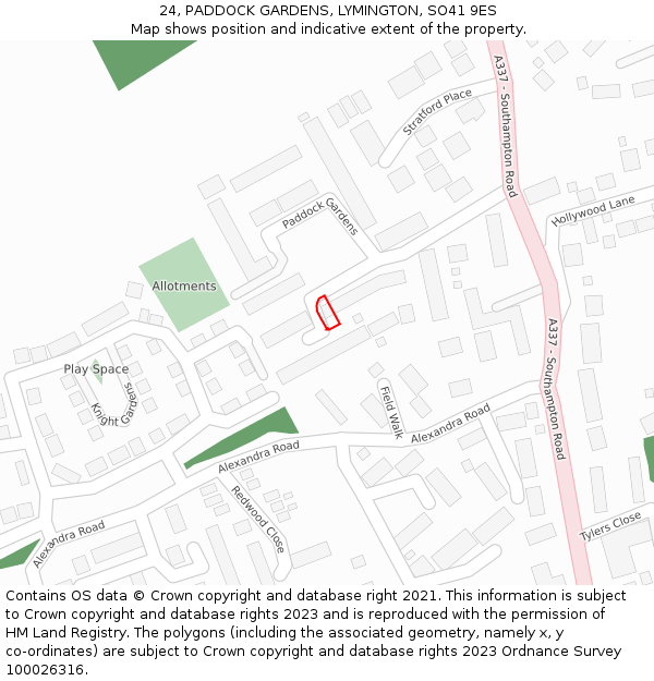 24, PADDOCK GARDENS, LYMINGTON, SO41 9ES: Location map and indicative extent of plot