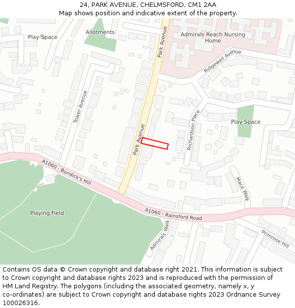 24, PARK AVENUE, CHELMSFORD, CM1 2AA: Location map and indicative extent of plot