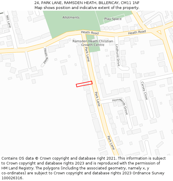 24, PARK LANE, RAMSDEN HEATH, BILLERICAY, CM11 1NF: Location map and indicative extent of plot