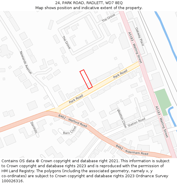 24, PARK ROAD, RADLETT, WD7 8EQ: Location map and indicative extent of plot