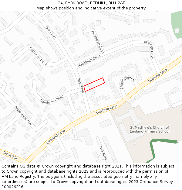 24, PARK ROAD, REDHILL, RH1 2AF: Location map and indicative extent of plot