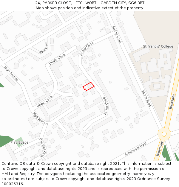 24, PARKER CLOSE, LETCHWORTH GARDEN CITY, SG6 3RT: Location map and indicative extent of plot