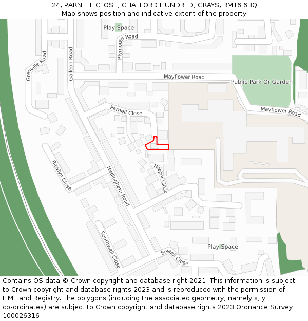 24, PARNELL CLOSE, CHAFFORD HUNDRED, GRAYS, RM16 6BQ: Location map and indicative extent of plot