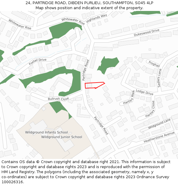 24, PARTRIDGE ROAD, DIBDEN PURLIEU, SOUTHAMPTON, SO45 4LP: Location map and indicative extent of plot